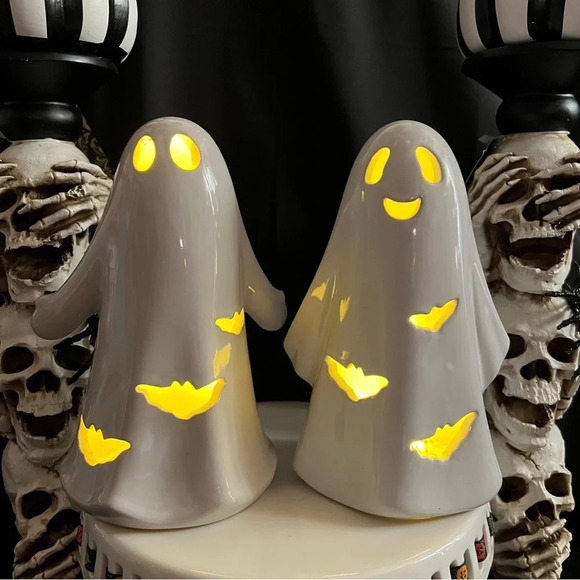 Ceramic Halloween Spooky Season Light Up White Ghosts W/ Bat Cutouts x2 - Picture 2 of 12
